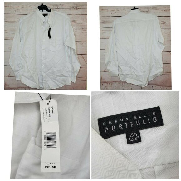 Portfolio Perry Ellis Grandad collar 15 1/2 32/33 White Dress Shirt 3K1660 - Picture 3 of 9